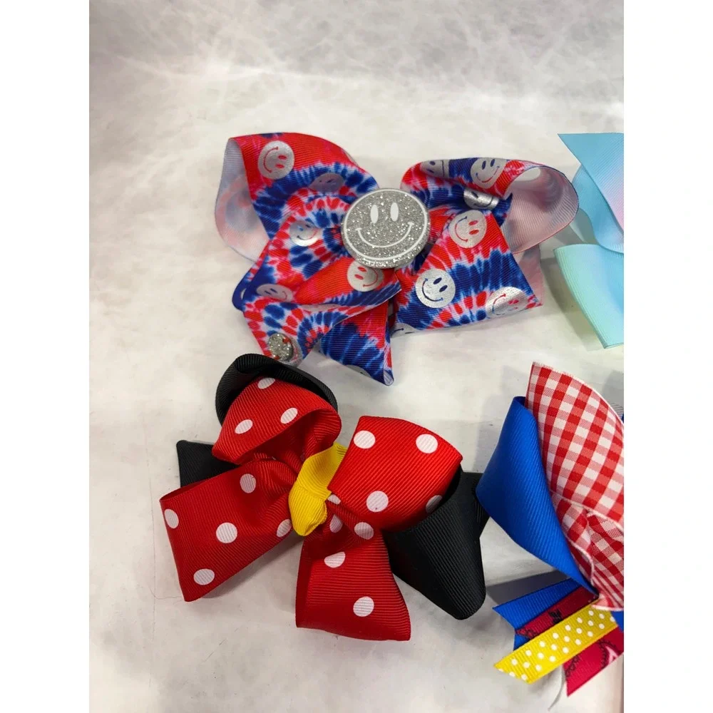 Lot of 4 Kids Grosgrain Ribbon Hair Bows Smiley Face Bunny Polka Dot Gingham